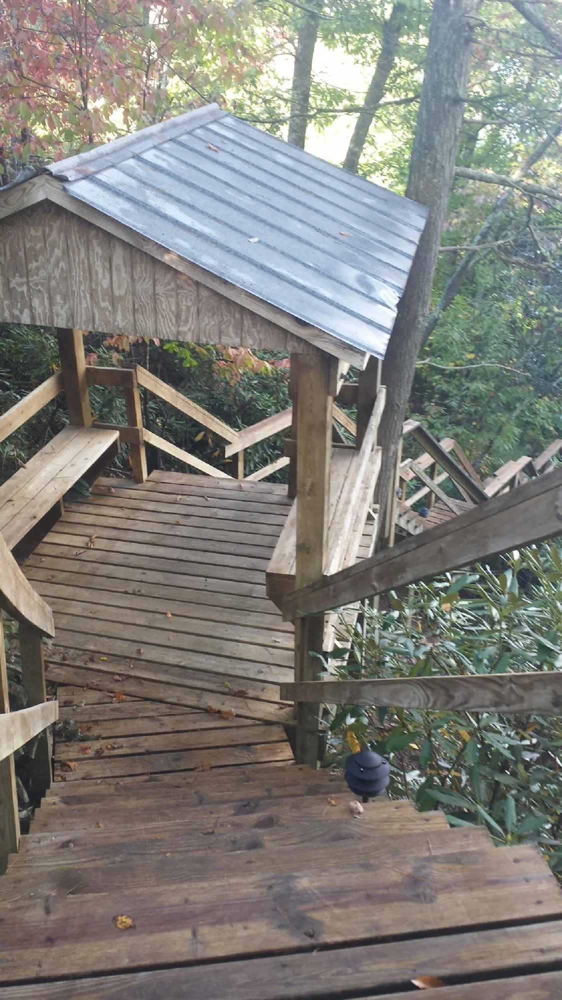 Metal roofed shelter over wooden steps on a wooded walkway — Skylight Repair & Installation work by our crew in Avonmore